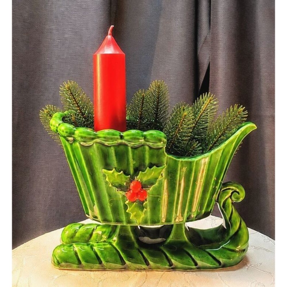 Vintage Holt Howard Ceramic Green Candle Holder Planter Sleigh, MCM Christmas